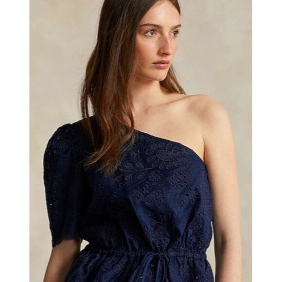 New Polo Ralph Lauren One-shoulder Eyelet Linen top in Navy Size 10 - Picture 4 of 13